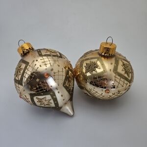 Vintage Gold Glass Christmas Ornaments Set of 2 Hand-Painted Star & Grid Design